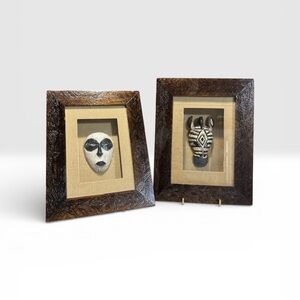 African Wood Carve Zebra&Face Mask In Shadow Boxes Tribal Art, 8.5x6.5x3” K. Dei